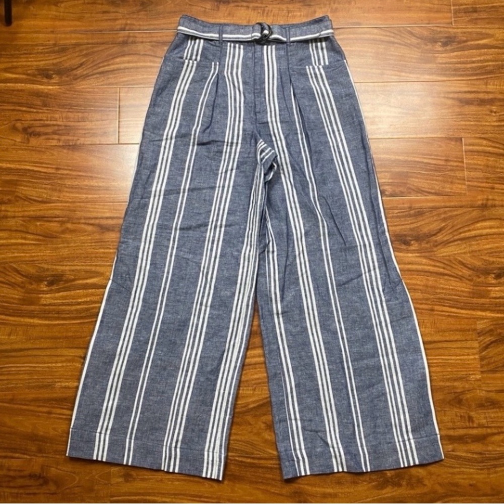 Anthropologie Women’s Blue White Linen Cotton Stripe Wide Leg Crop Pants Size 4